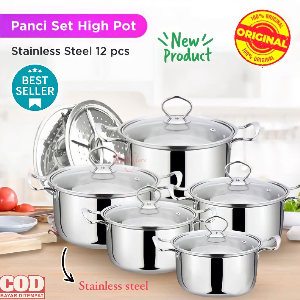 ( BISA COD ) PROMO PANCI SET STAINLESS STEEL 12 PCS / PANCI WAJAN SATUAN / PANCI SET HIGH POT / PANCI DAN STEAMER POT TEBAL 12 PCS