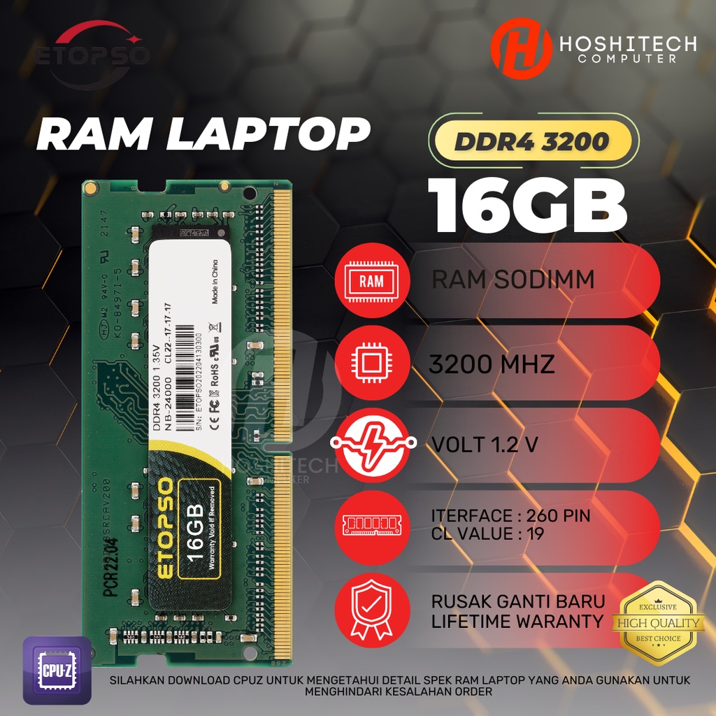 RAM LAPTOP DDR4 16GB 8GB ETOPSO SODIMM 3200 MHZ 1.2V LIFETIME