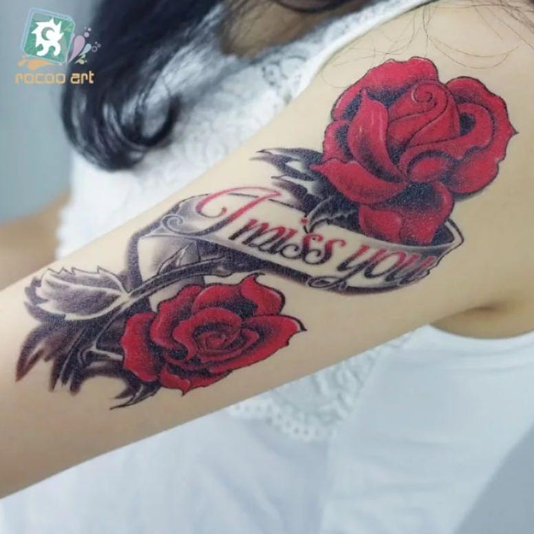 [ART. 842452] QC Seeries MAWAR MERAH DARAH HIJAU TATO TEMPORER Tahan air - tato temporary tattoo bunga mawar merah - tato custom nama gambar - tato artis - tato keren