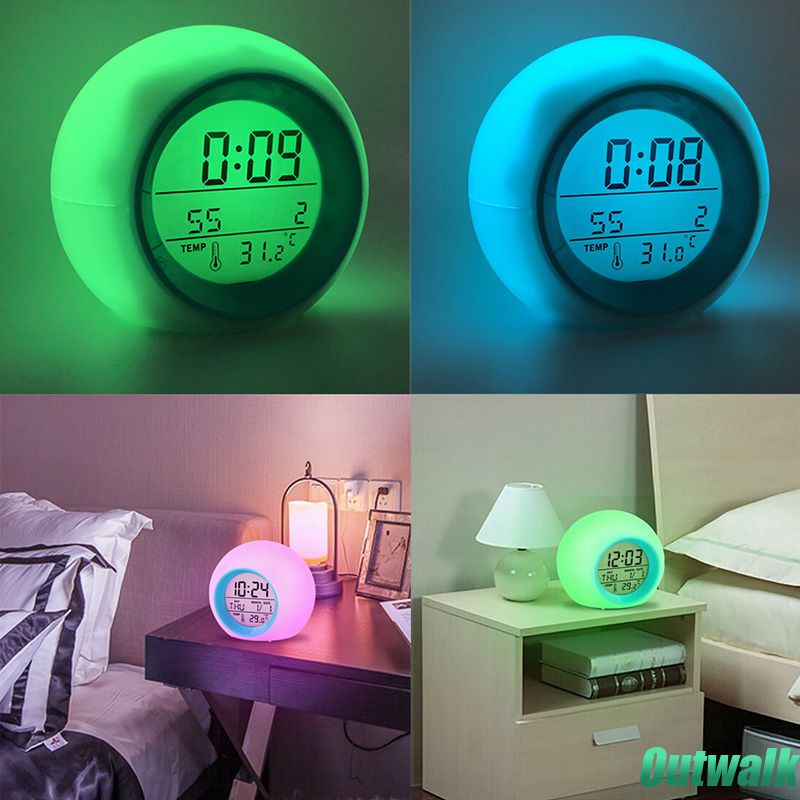 ღ Bulat Kreatif Jam Alarm Led Digital Suhu Clock 7 Warna Berubah Lampu Gradien Jam Alarm dengan Kalender Bola Anak hadiah Dekorasi Rumah