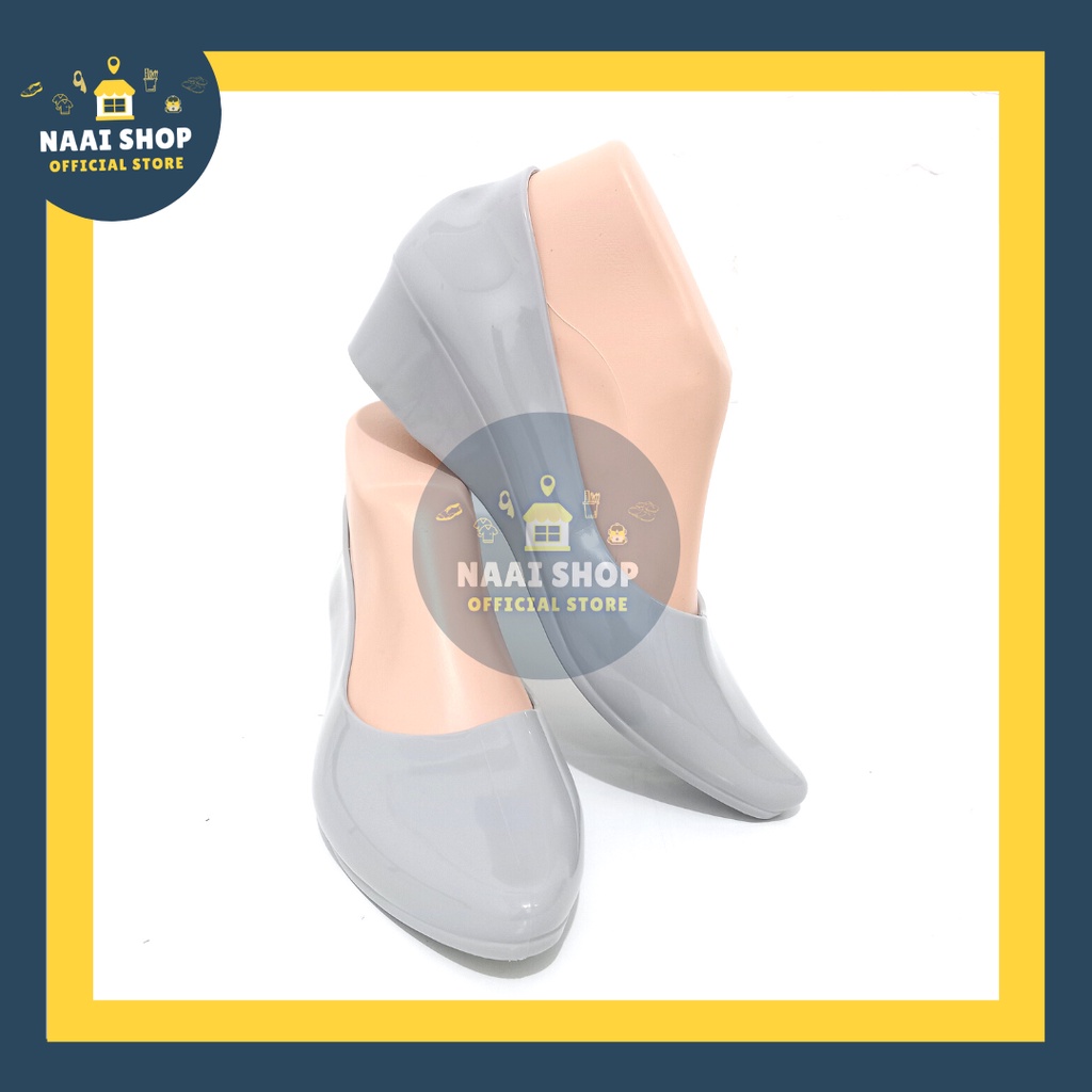 Sepatu Wedges Wanita Polos Kilau Size 36-40 Heels Sedang -+ 4 CM Jelly Shoes Soft Color Glosy Slip On Kerja Kuliah Sekolah Terbaru Selop Bahan Karet Kasual Korea Style Kekinian Slop Formal Cewek Import Premium Murah Pantofel Terlaris Jinjit Mokaya 805 Naa