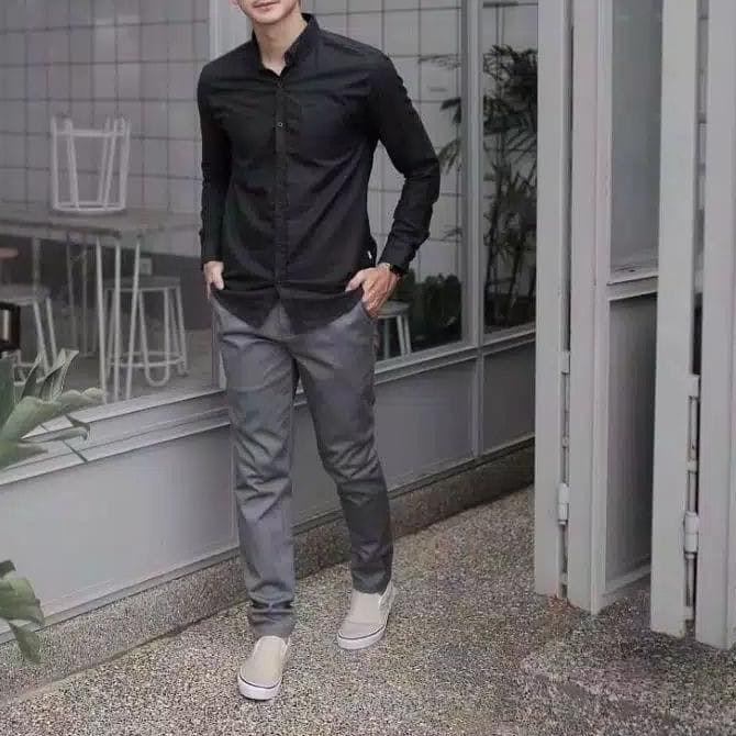 ✦ Baju Kemeja Pria Kasual Polos Hitam Putih Lengan Panjang / hem baju pria/kemeja cowok/kemeja hitam