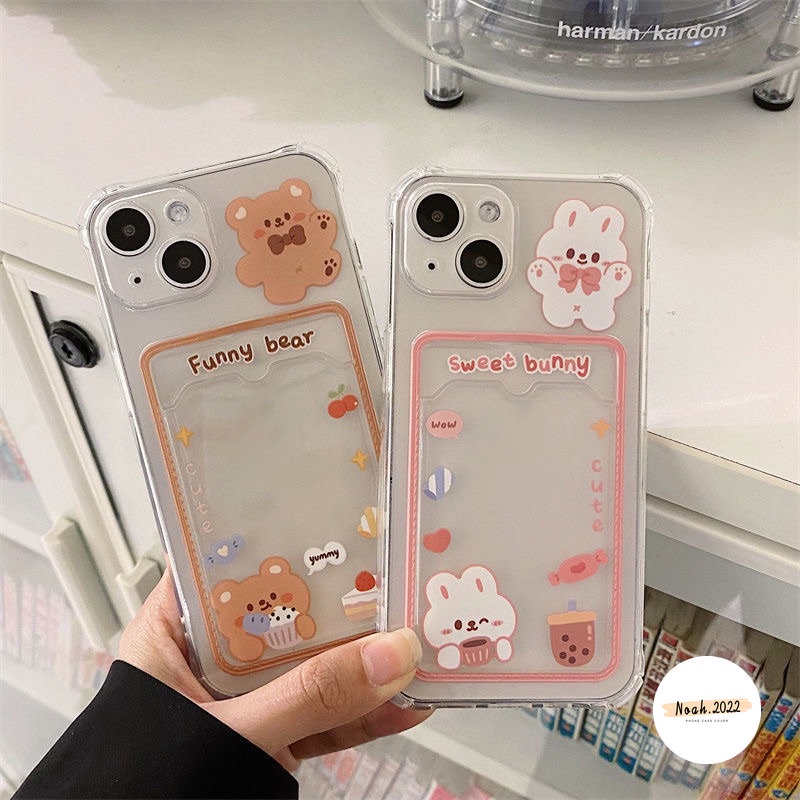 IPHONE Kartun Lucu Beruang Transparan Case Kompatibel Untuk Iphone13 12 11 14 Pro Max7 8 6 6s Plus XR XS Max X SE 2020 Sweet Bunny Card Holder Dompet Slot Shockproof TPU Cover Soft Case