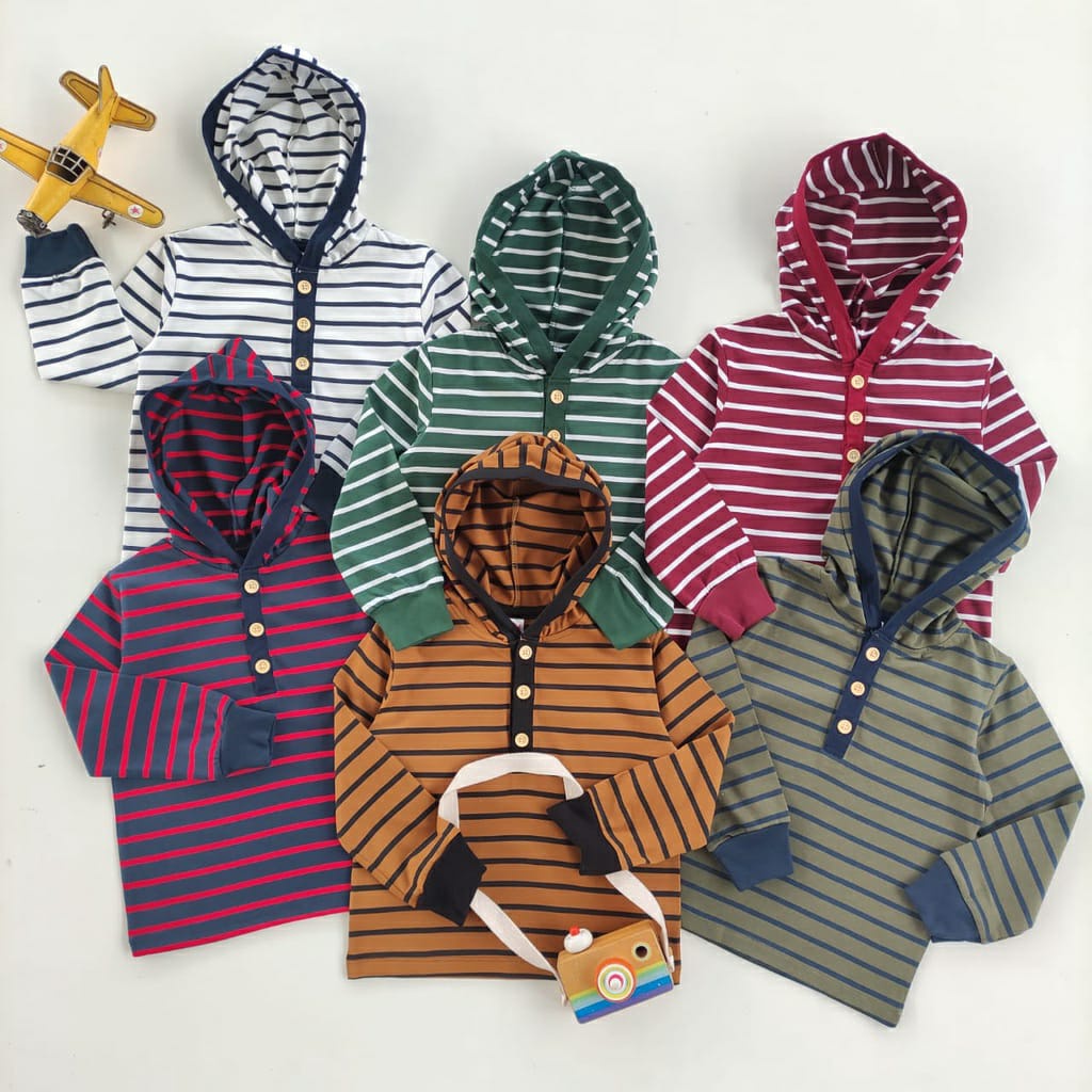 Ostrich Stripe Hoodie Henley Tshirt Kaos Salur Anak Laki Laki Branded Ostrich OSKSL001