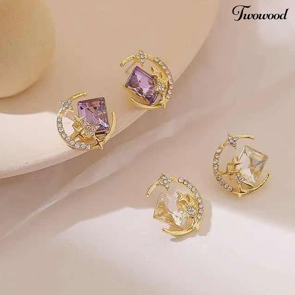 Twowood 1pasang Ear Studs Sparkling Gaya Korea Anti-Oksidasi Friendly Terhadap Kulit Tidak Iritasi Hias Alloy Wanita Bintang Bulan Stud Earrings Perhiasan Decor Untuk Lady