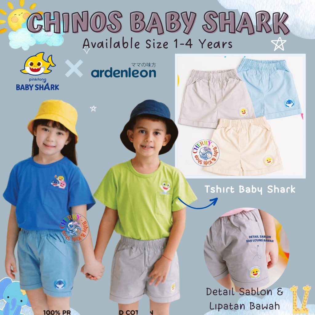 Ardenleon Chinos Baby Shark 1-4 Years Pinkfong x Ardenleon Celana Pendek Chinos Sablon Anak Unisex CBKS