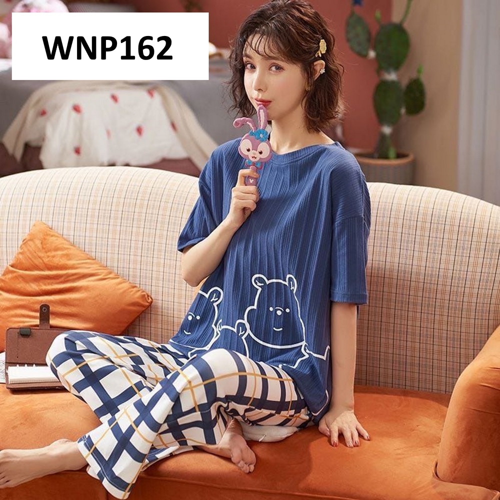 Piyama Wanita Baju Tidur Wanita Lengan Pendek Celana Panjang Knit Motif Kartun