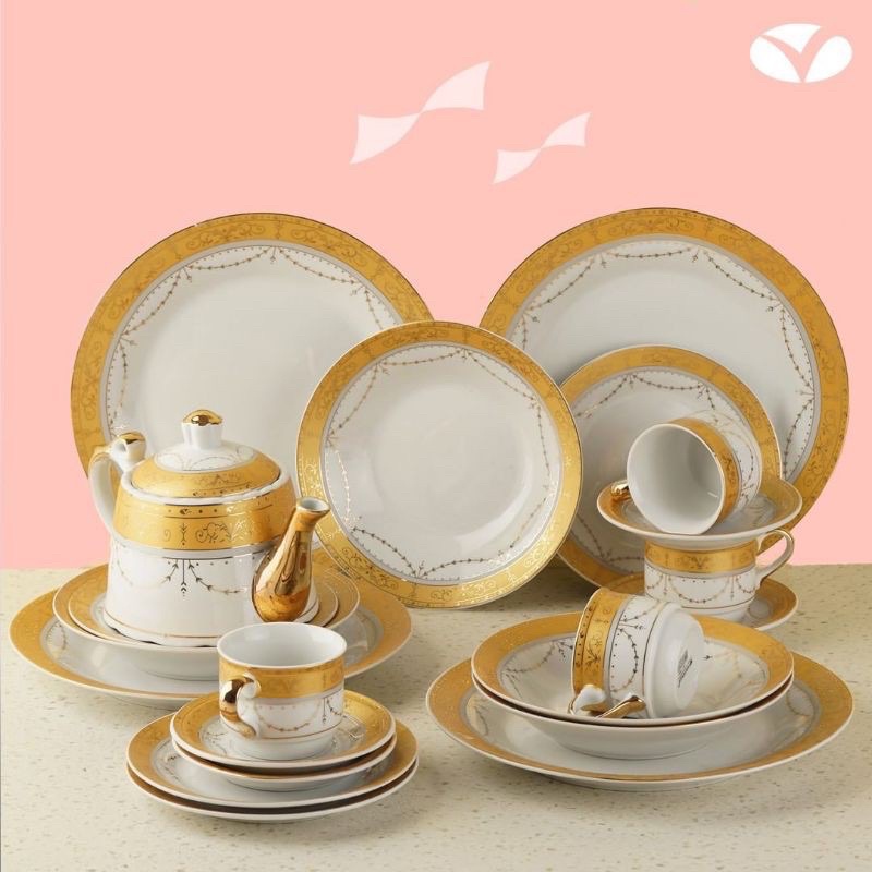 dinner set keramik 22 pcs putih gold motif dan biru putih