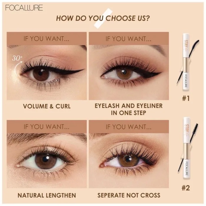 FOCALLURE 2 In 1 Waterproof Maskara &amp; Eyeliner fiber eyelash primer