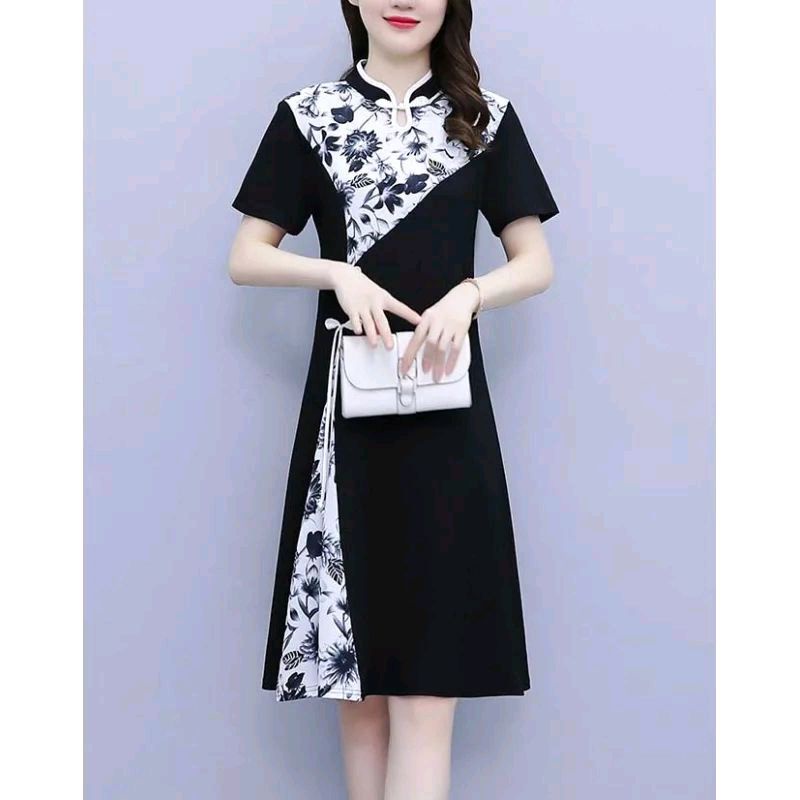 Cheongsam Dress wanita warna hitam putih  motif bunga cantik korea lengan pendek elegant