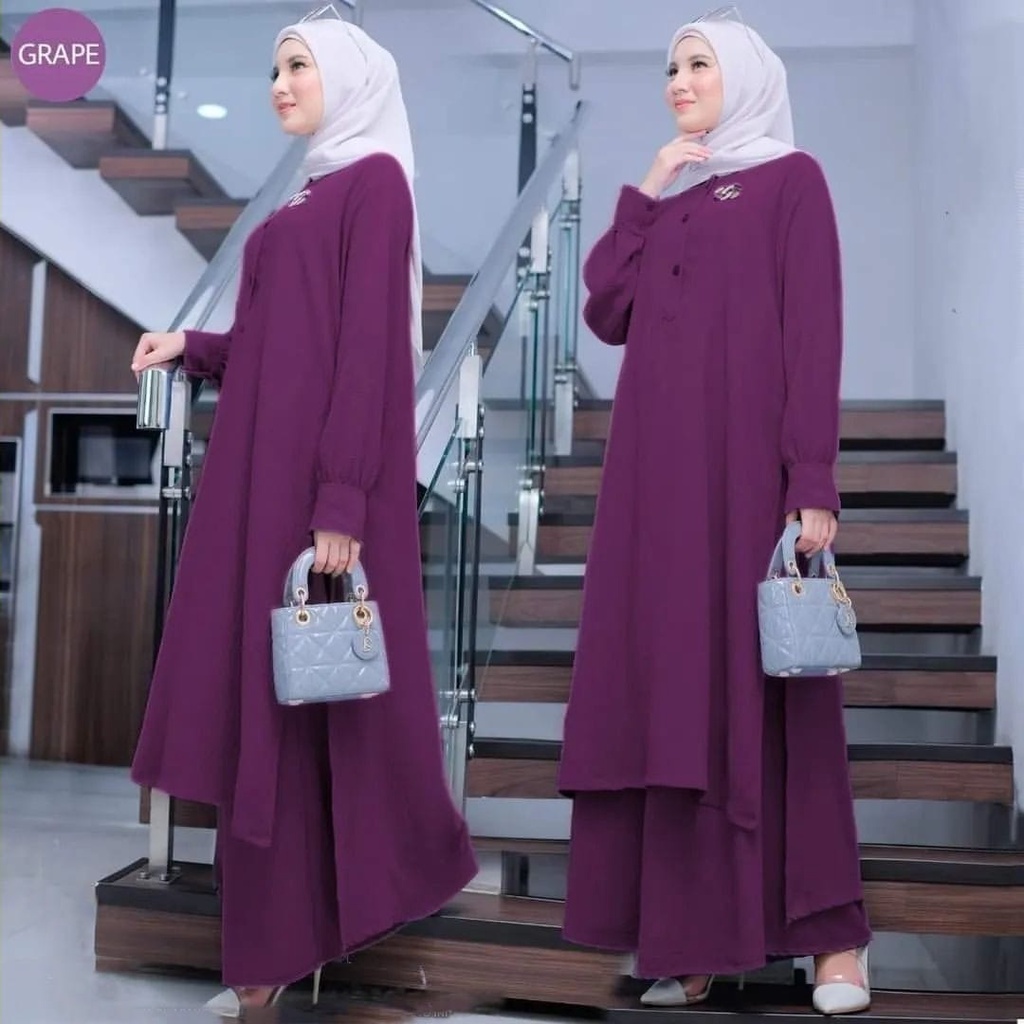 Aira Set Setelan Celana Wanita 2in1 Kekinian Bahan Crinkle Long Tunik dan Celana Jumbo LD 110 Motif Polos Terbaru 2023 Pakaian Muslim Wanita