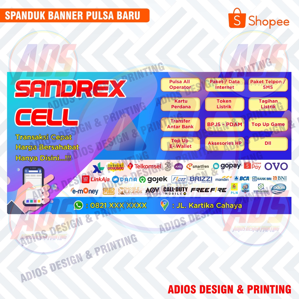 Banner / Spanduk Konter Pulsa / Spanduk Pulsa Biru Uk Variasi