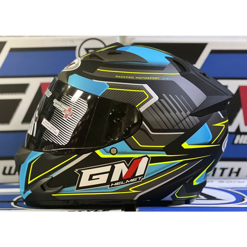 Helm GM Race Pro Tuner Black Blue Doff Full Face Single Visor Smoke Helem Motor SNI Touring Dewasa P