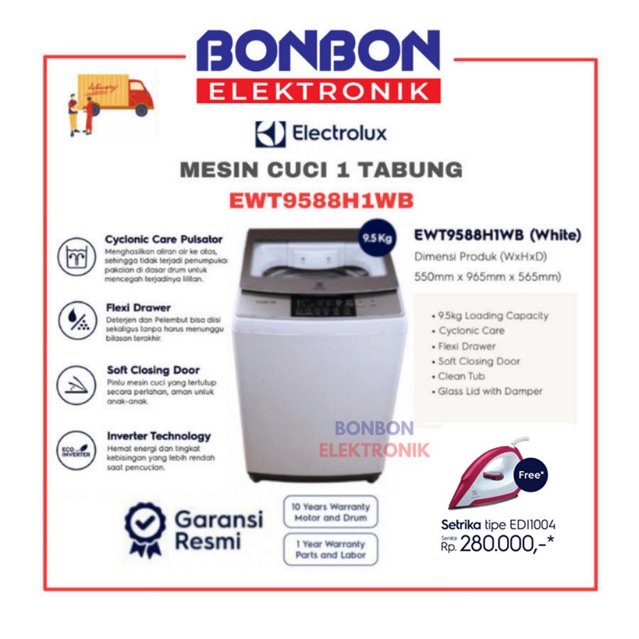 Electrolux Mesin Cuci 1 Tabung 9.5KG EWT9588H1WB / EWT 9588H1WB