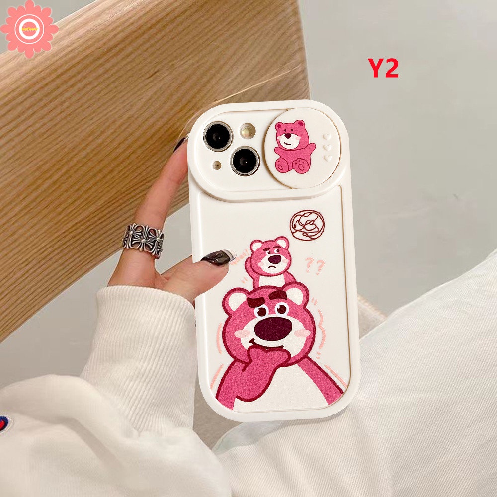 IPHONE Pasangan Strawberry Bear Manyo Winnie the Pooh Case Kompatibel Untuk Iphone11 7plus 13 12 Pro Max7 8 Plus XR X XS MAX Kartun Tarik Jendela Kamera Perlindungan Soft Cover
