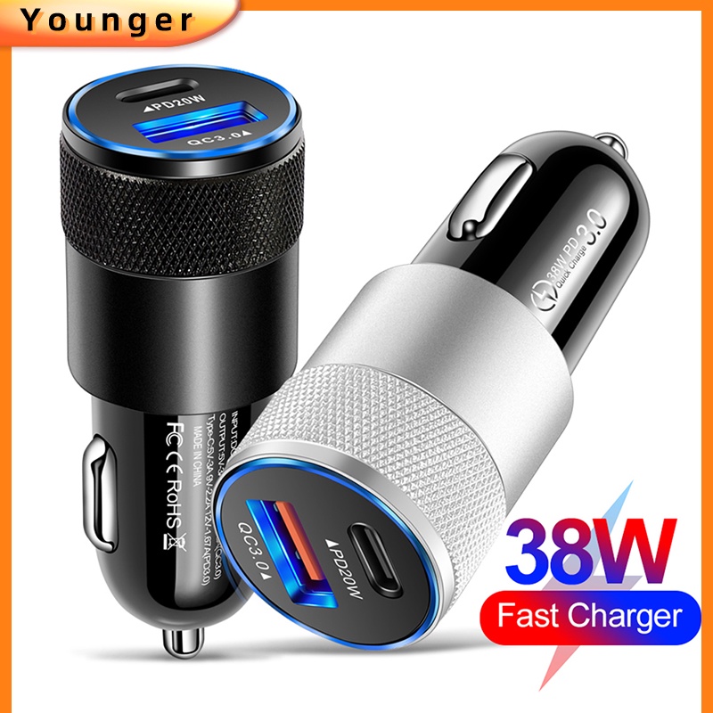 Pd 38W Charger Mobil Adoptor Charger QC3.0 18W+PD 20W USB+Adaptor Pengisian Cepat Tipe-C 2port Portable Travel Untuk i-Phone Android