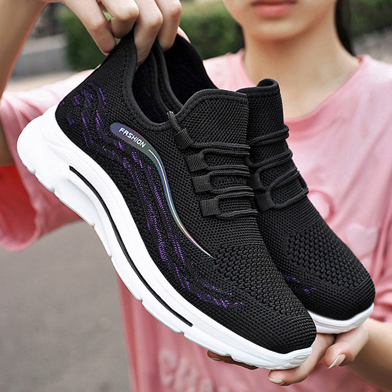 sneakers wanita import sepatu olahraga cewe rajut tali sol ringan