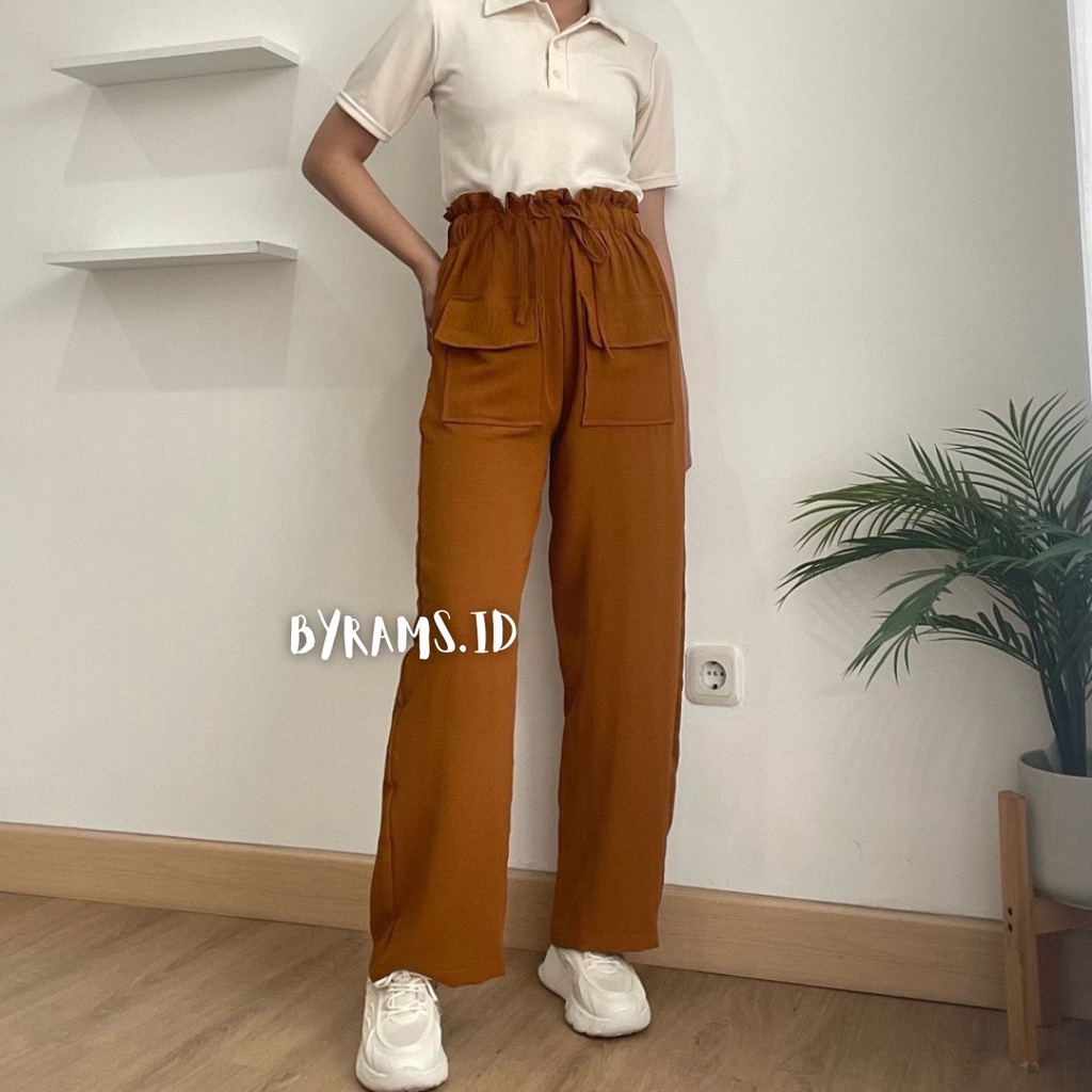 Celana Kulot Crinkle Pocket Highwaist Wanita Loose Cullote Pants Pocket