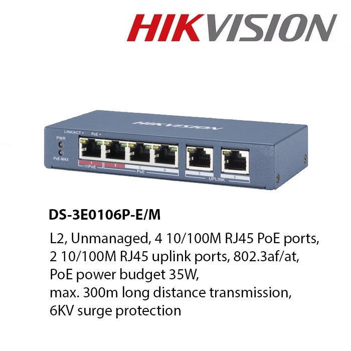 Hikvision DS-3E0106P-E/M PoE Switch 4 Port + 2 Uplink 10/100M RJ45