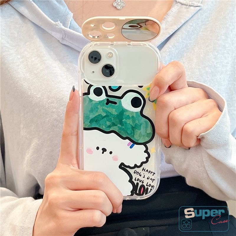 IPHONE Kompatibel Untuk Iphone11 12 13 7Plus 8Plus XR 14 Pro Max14 Plus X XS MAX SE 2020 Lucu Kartun Hewan Kodok Anjing Kelinci Lembut Kreatif Flip Make Up Cermin Graffiti Case