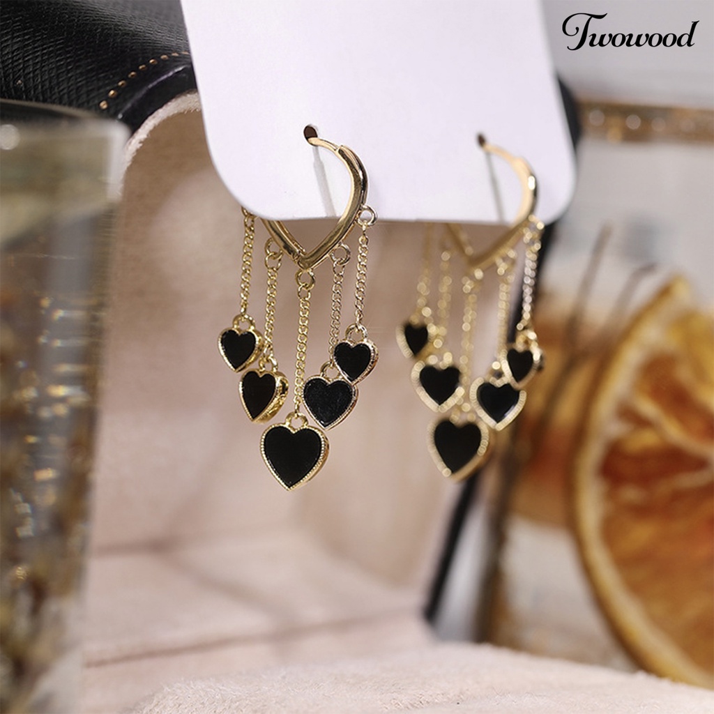 Twowood 1pasang Anting Menjuntai Gaya Korea Elegan Temperamen Paduan Hati Hitam Wanita Drop Earrings Fashion Jewelry