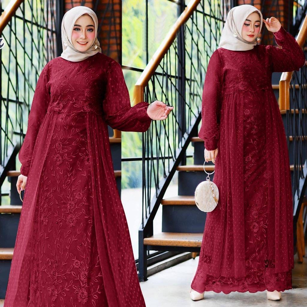 Gamis Brukat Pesta Mewah Pevita Maxi Syari Muslimah Nikahan Mewah Busana Muslim Wanita Terbaru 2021G