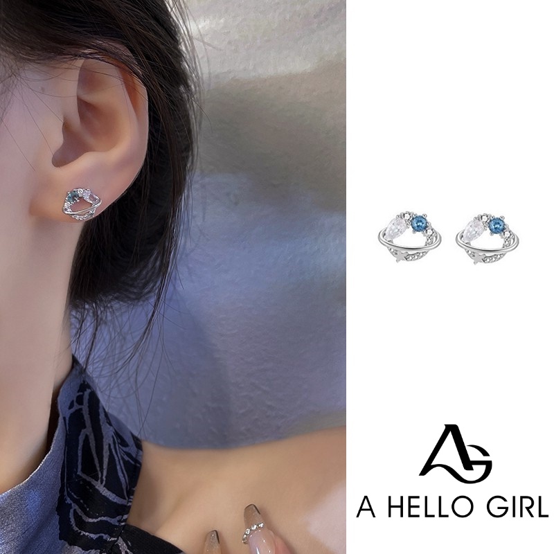 Anting Tusuk Wanita Desain Planet Biru Hias Zircon Gaya Korea Untuk Musim Panas