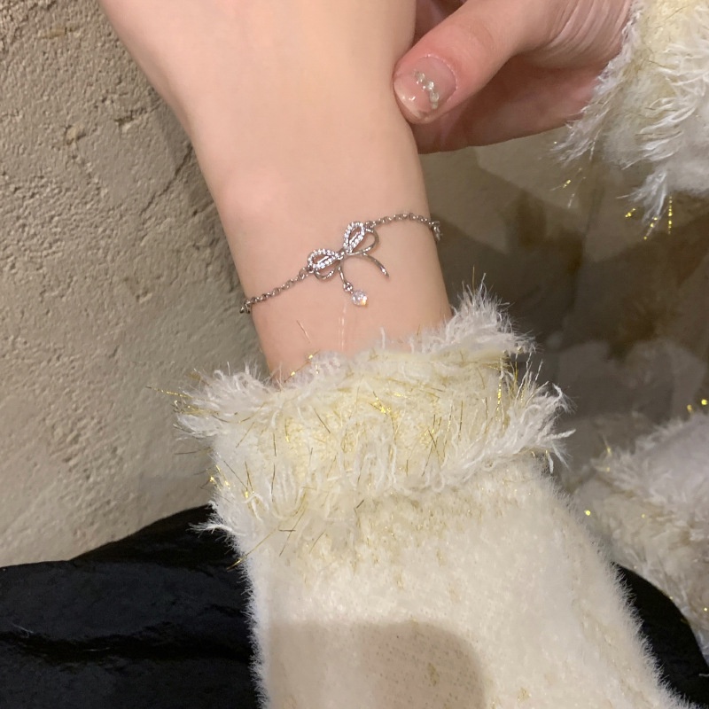 Bow Silver Gelang Bangle Kristal Simple Untuk Perhiasan Aksesoris Wanita