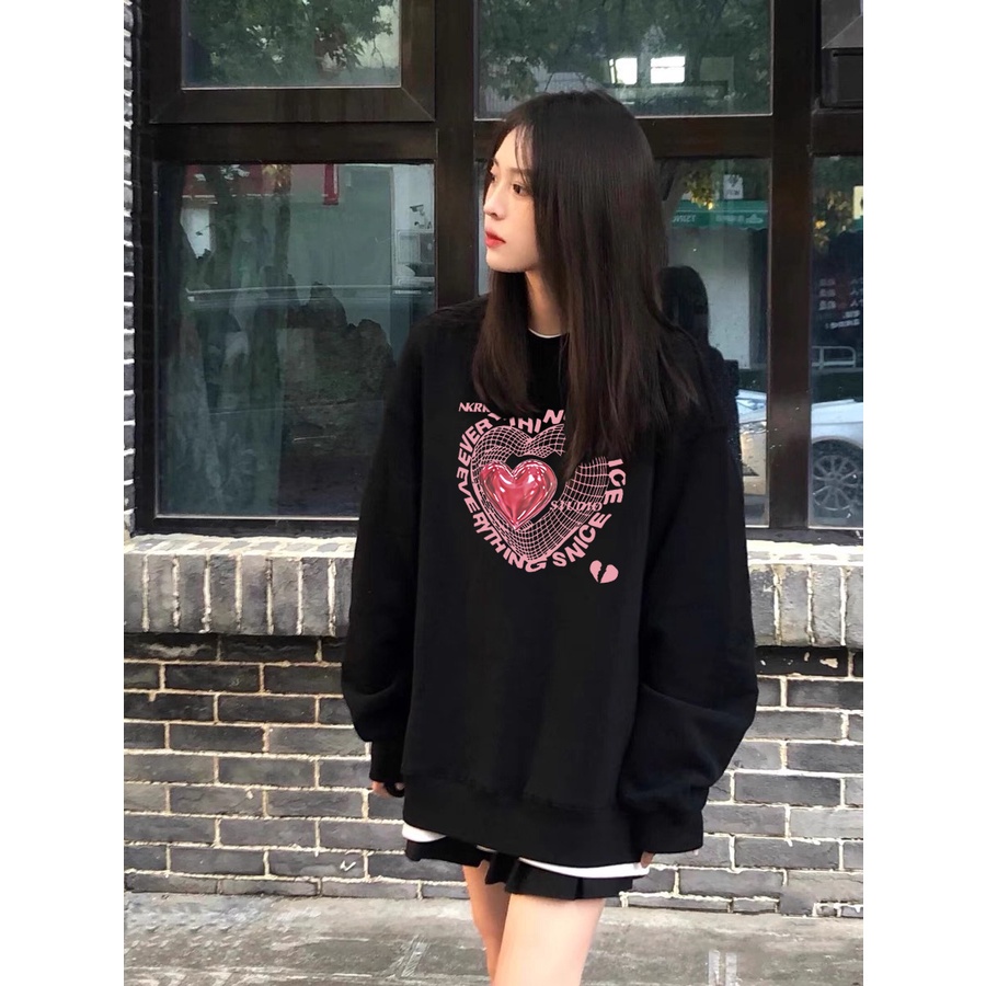 American Vintage LOVE Pattern printing Overszie Sweater baju Sweater wanita/sweater hitam