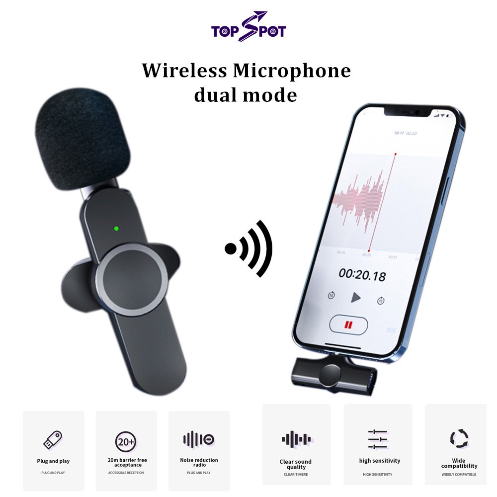 Mic Wireless HP Lavalier Microphone Portable Mic untuk Kamera Vlog Youtuber Audio Video Pembuatan Rekaman