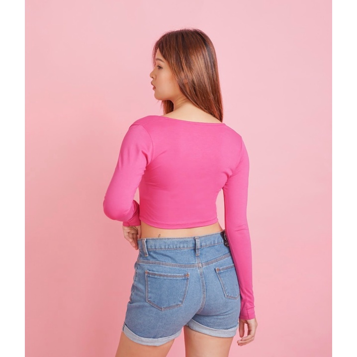 CAVALU Korean Crop Top Lengan Panjang Wanita Kaos Crop Tee 084