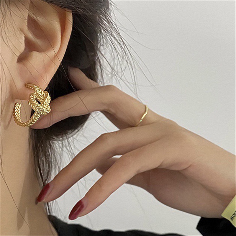 S925 Perak Disepuh Simpul Lingkaran Retro Keren Anting-Anting Gadis Telinga Studs Fashion Aksesori