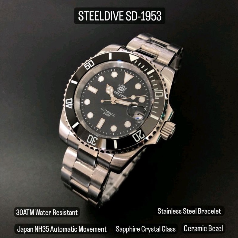Jam Tangan Pria Steeldive SD1953 V2 Edisi Terbaru Rolex Submariner Homage | Japan Seiko NH35 Movemen