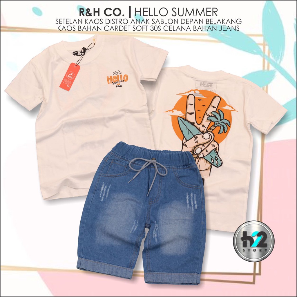 Setelan Anak Celana Jeans / Setelan Jeans Anak Laki Laki /  Setelan Kaos Distro Anak Celana Jeans Pendek Usia 3-12 Tahun / By H22Story-Putih BiruMuda