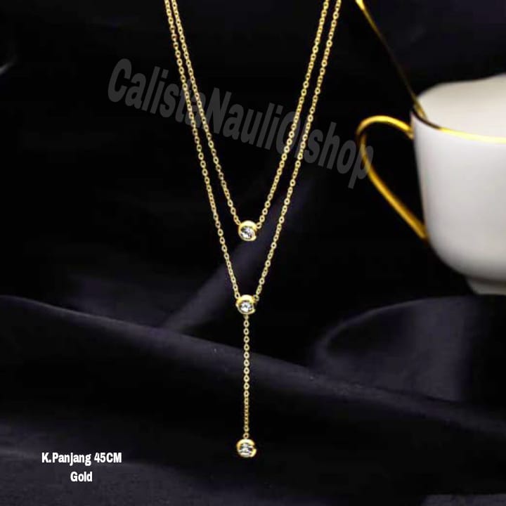 Kalung Titanium Dua Layer Permata Zircon Korea Anti Karat Dan Anti Luntur