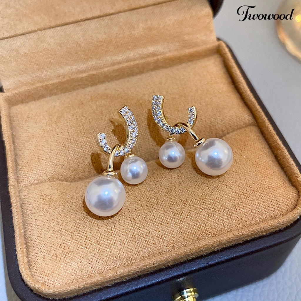 Twowood 1pasang Stud Earrings Dual Faux Pearls Dainty Golden Bling Berlian Imitasi Wanita Drop Earrings Fashion Perhiasan