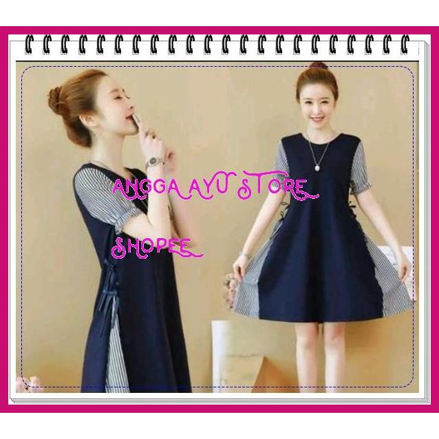DRESS MIDI KOREAN STYLE MOTIF SALUR EKSLUSIF