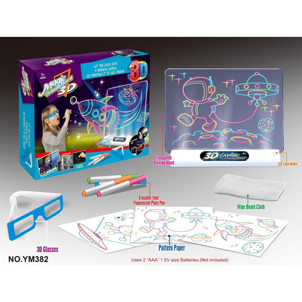 Mainan Anak 3D MAGIC DRAWING BOARD Papan Tulis Ajaib Lampu LED Drawing