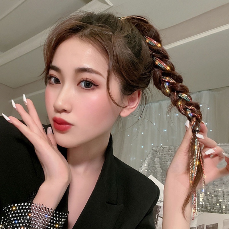 Ikat Rambut Kepang Kristal Sparkly Warna-Warni/Rantai Berlian Rumbai Temperamen Fashion Untuk Wanita Gadis Dekorasi Ponytail