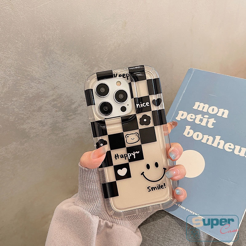 Pasangan Case Kompatibel Untuk IPhone XR 11 7 8 Plus 13 14 12 Pro MAX 6 6S Plus X XS MAX Ins Kotak-Kotak Happy Lucky Smiley Cute Bear Love Heart Flowers Shockproof Airbag Soft Cover