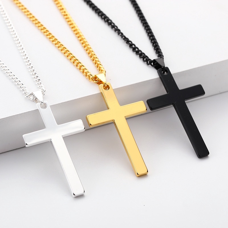 Kalung Salib Polos Warna Hitam dan Silver Keren Good Quality - Men Women Jesus Cross Necklace / Kalu