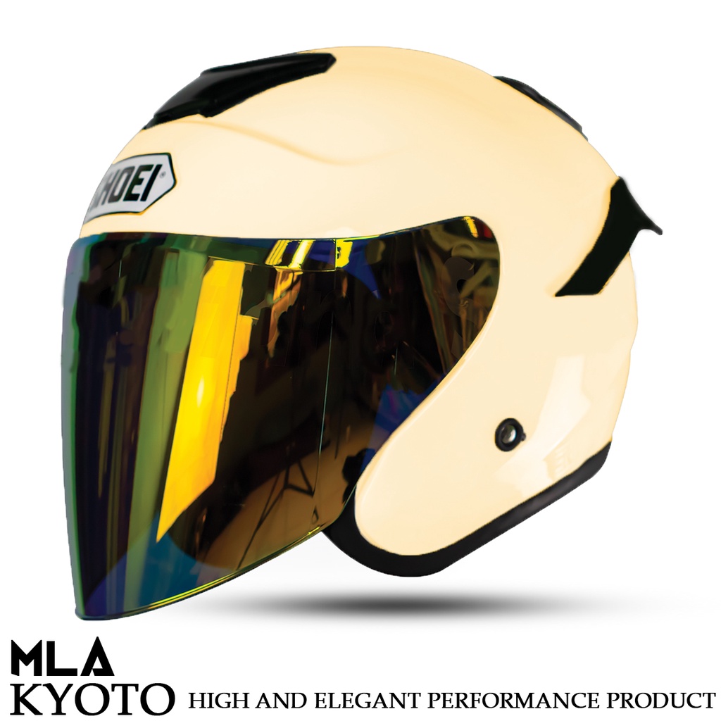 Helm Half Face MLA Kyoto / CREAM Kaca Visor Gold-Blue-Hitam Iridium / Helm Premium SNI untuk Pria Dan Wanita Dewasa COD