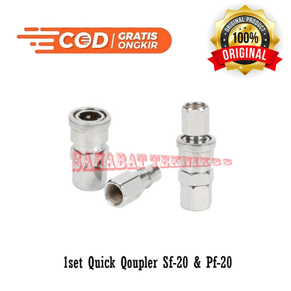 1 Set Quick Coupler SF20 + PF20 Sambungan Selang Kompresor Recoil Kopler - Silver