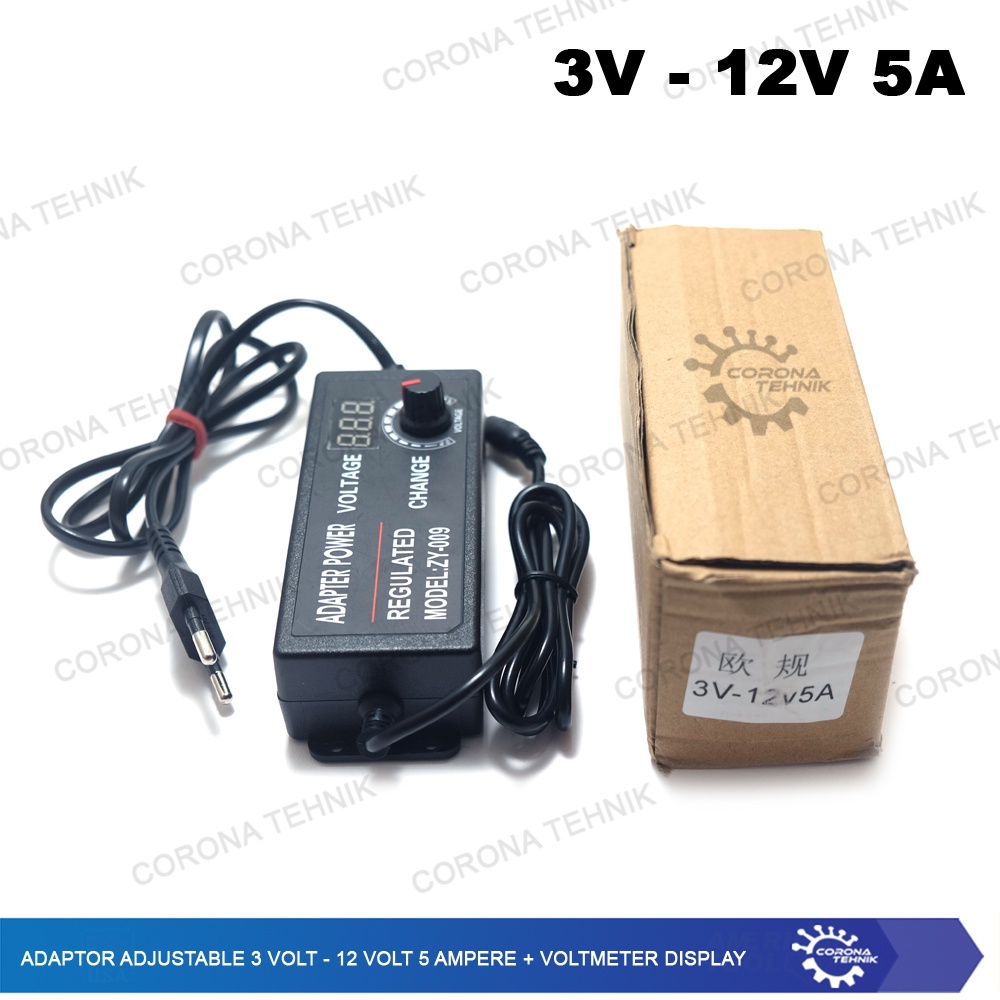 3 Volt - 12 Volt 5 Ampere + Voltmeter Display Adaptor Adjustable