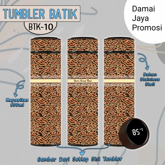 Botol Minum Motif Batik / Thumbler Suhu Led Batik Indonesia - Hitam - BTK - 10, TUTUP LED SUHU