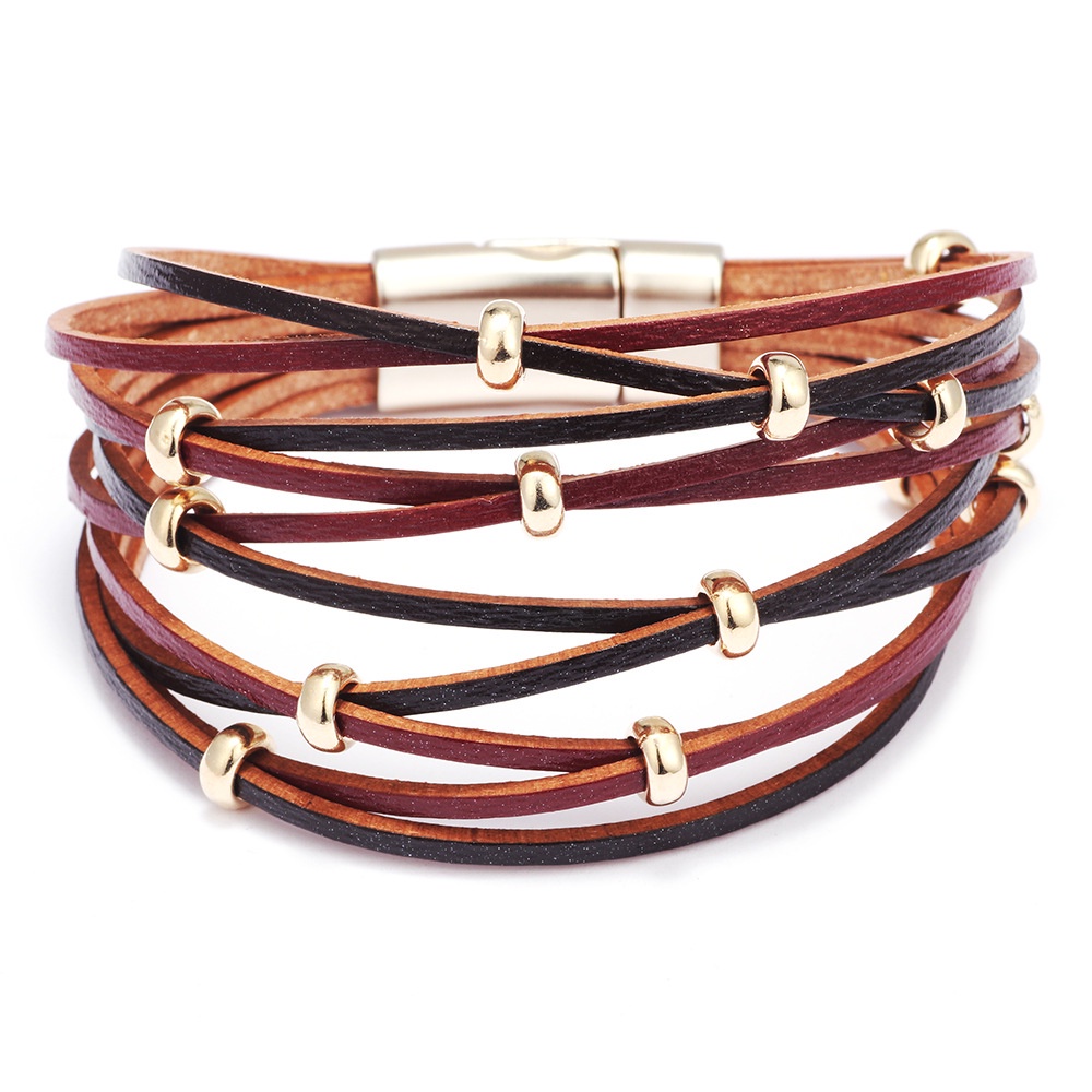 Gelang Multilayer Bahan Kulit Dengan Manik-Manik Magnetik Gaya Eropa Amerika Untuk Wanita