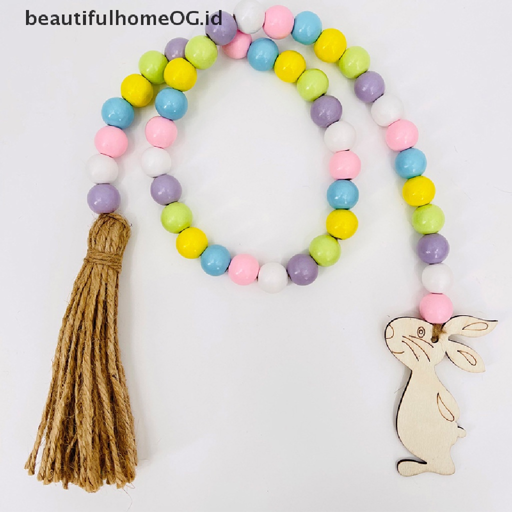// Beautifulhomeog.id// 1Pcs Easter Wood Bead Garland Manik-Manik Warna Warni Dengan Tali Rami Kotak-Kotak Rumbai **