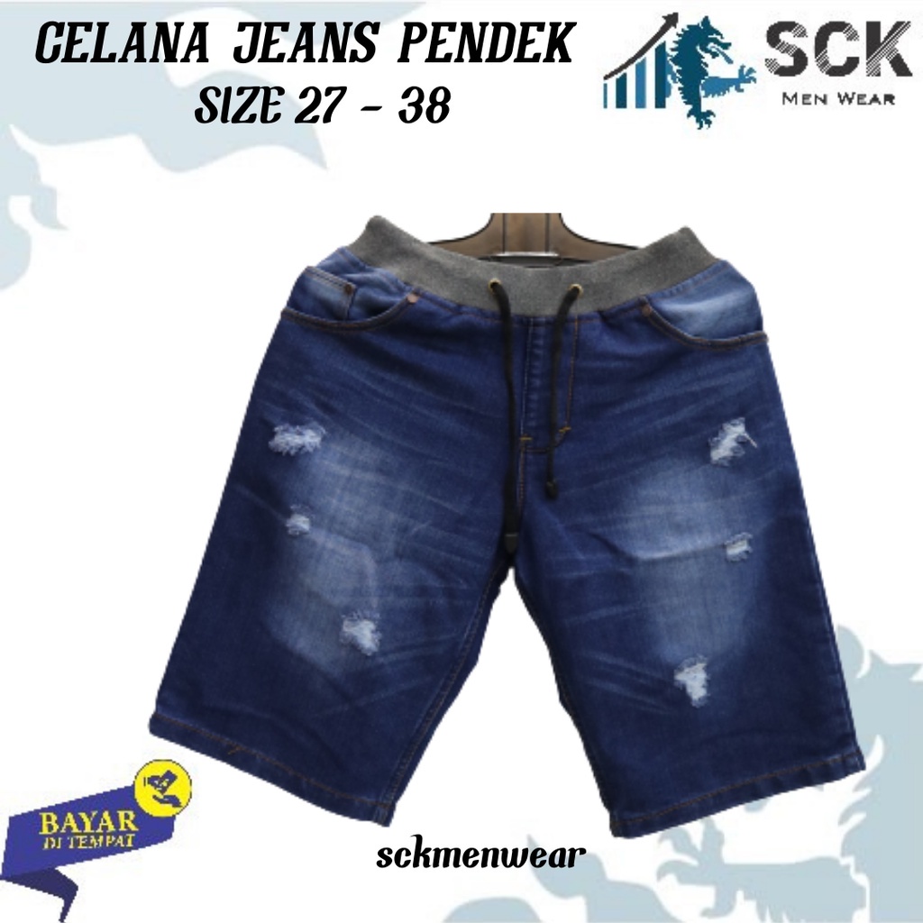 Celana Pendek Pria Jeans CRV SOBEK Pria Pinggang Karet Rip Pinggang Karet size 27-32 33-38 - sckmenwear GROSIR