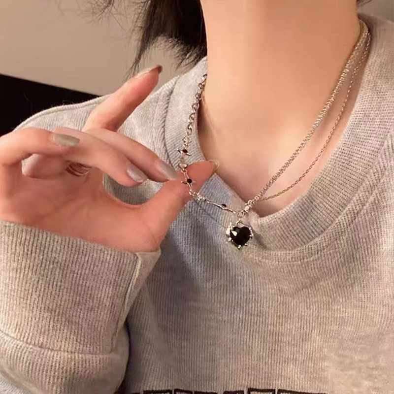 Manis Ungu Hitam Gradien Jantung Starlight Kalung Zirkon Perak Kalung Choker Perhiasan Aksesoris Fashion