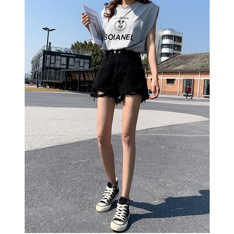 Hitam Highwaist Jeans Celana Pendek Waita / Korean Fashion Rawis Celana Jeans Pendek